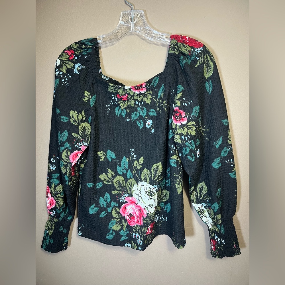 LOFT Black Floral XS Square Neck Blouse Knit Peasant Top Smocked Puff Sleeves - Picture 4 of 17